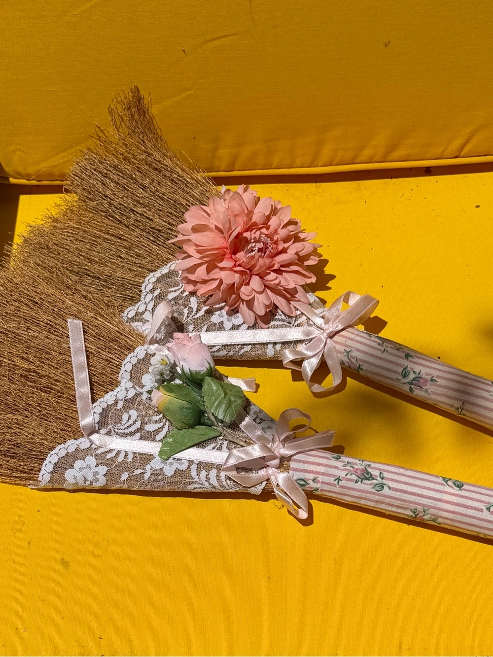 Decorative Floral Hand Brooms — Pink Lace & Striped Handles 17”